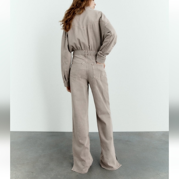 Zara LONG DENIM JUMPSUIT Taupe - Picture 11 of 11
